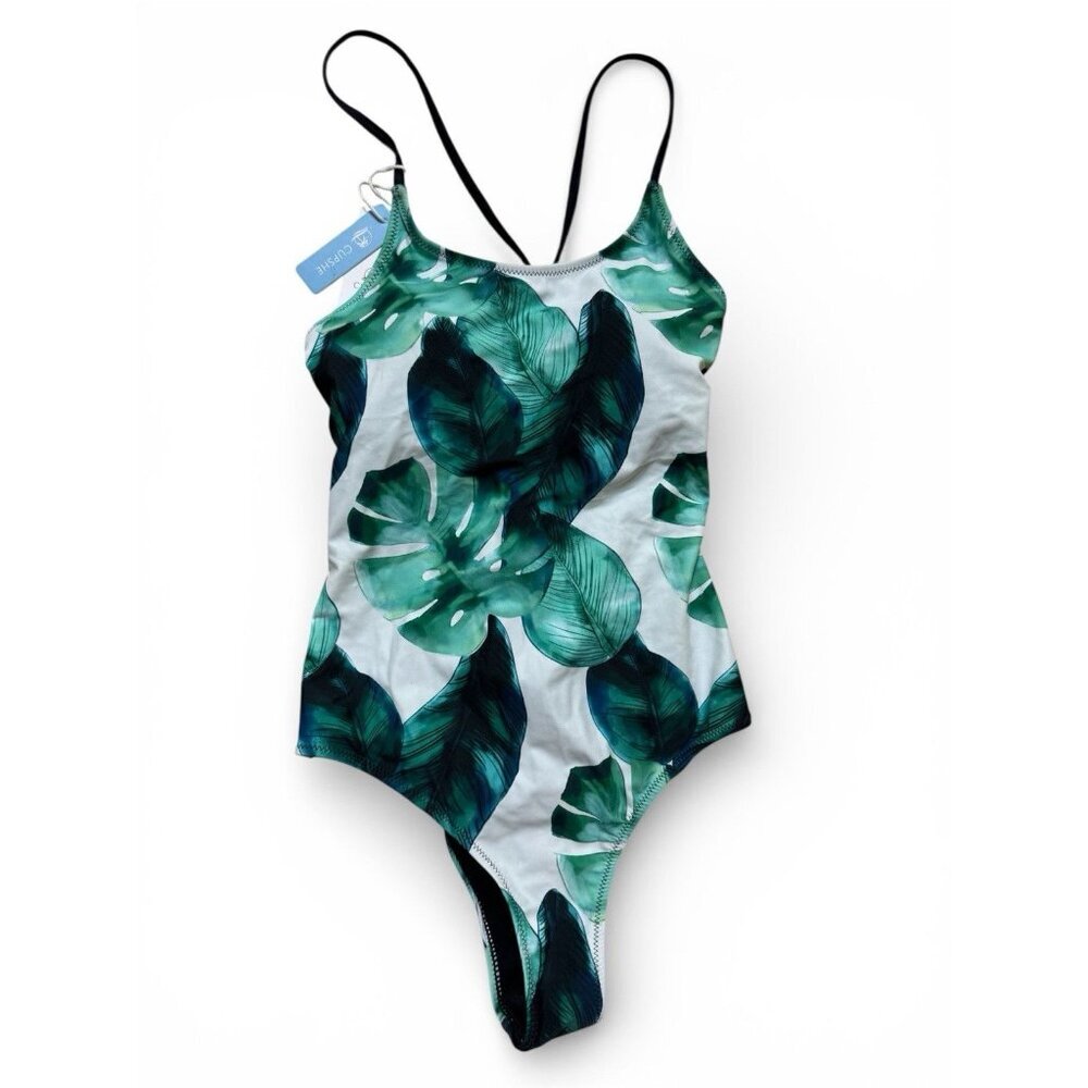 Cupshe Tropical Leaf One Piece Swimsuit NWT Strappy Back Green Size M